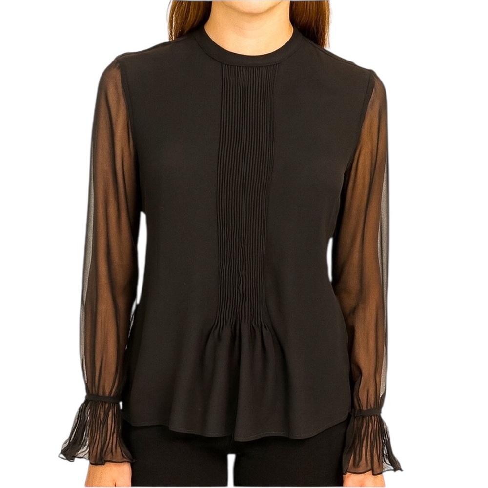 Worth Black Pleated Ruffle Sheer Top - Picture 1 of 6